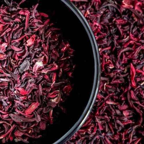 Dried hibiscus flowers in a bowl