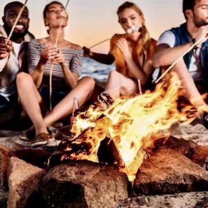friends roasting marshmallows at the beach