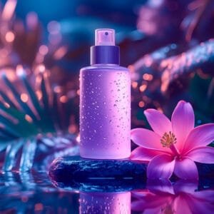 purple bottle with water droplets on it on a tropical dark background with a lotus Flor Mistica Sol De Janeiro Type Fragrance Oil