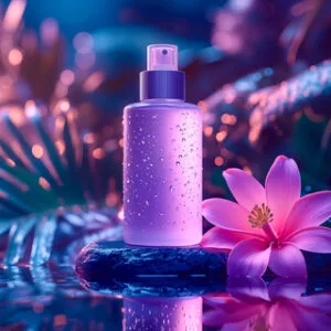 purple bottle with water droplets on it on a tropical dark background with a lotus Flor Mistica Sol De Janeiro Type Fragrance Oil