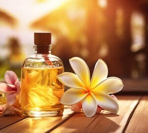 yellow perfume bottle Moana Disney Princess BBW Type Fragrance Oil with lotus flower on a tropical background